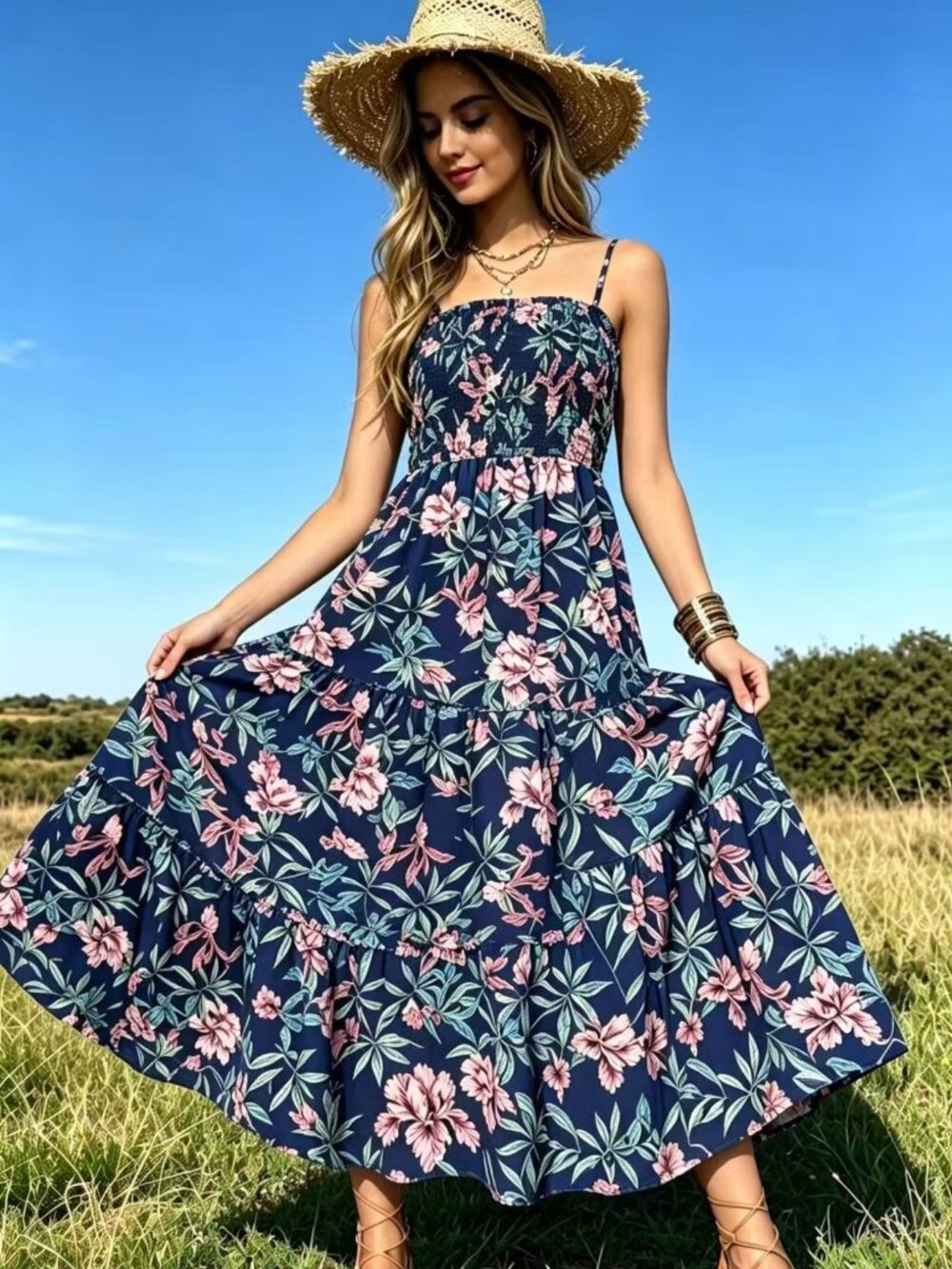 Sleeveless Slip Maxi Dress Navy Floral, M